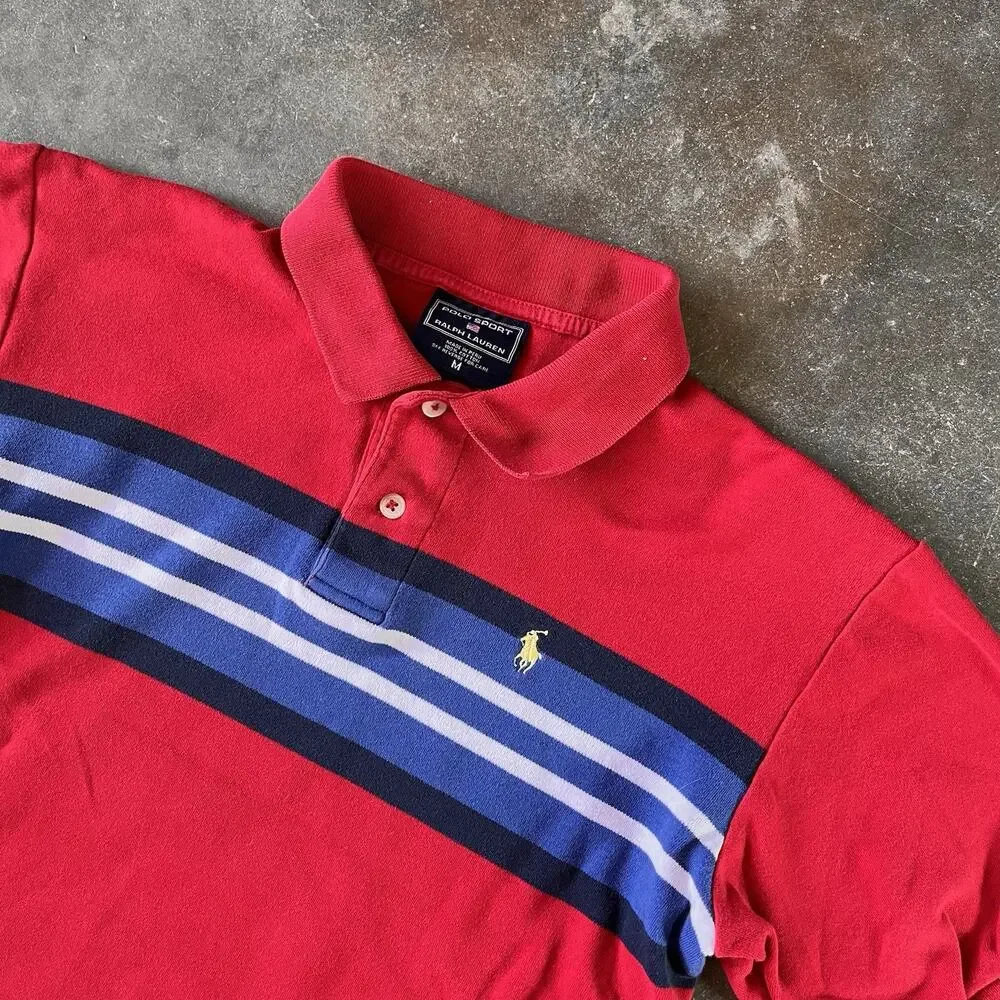 Single Stitch Vintage Polo Sport Ralph Lauren Blue Striped Red Polo